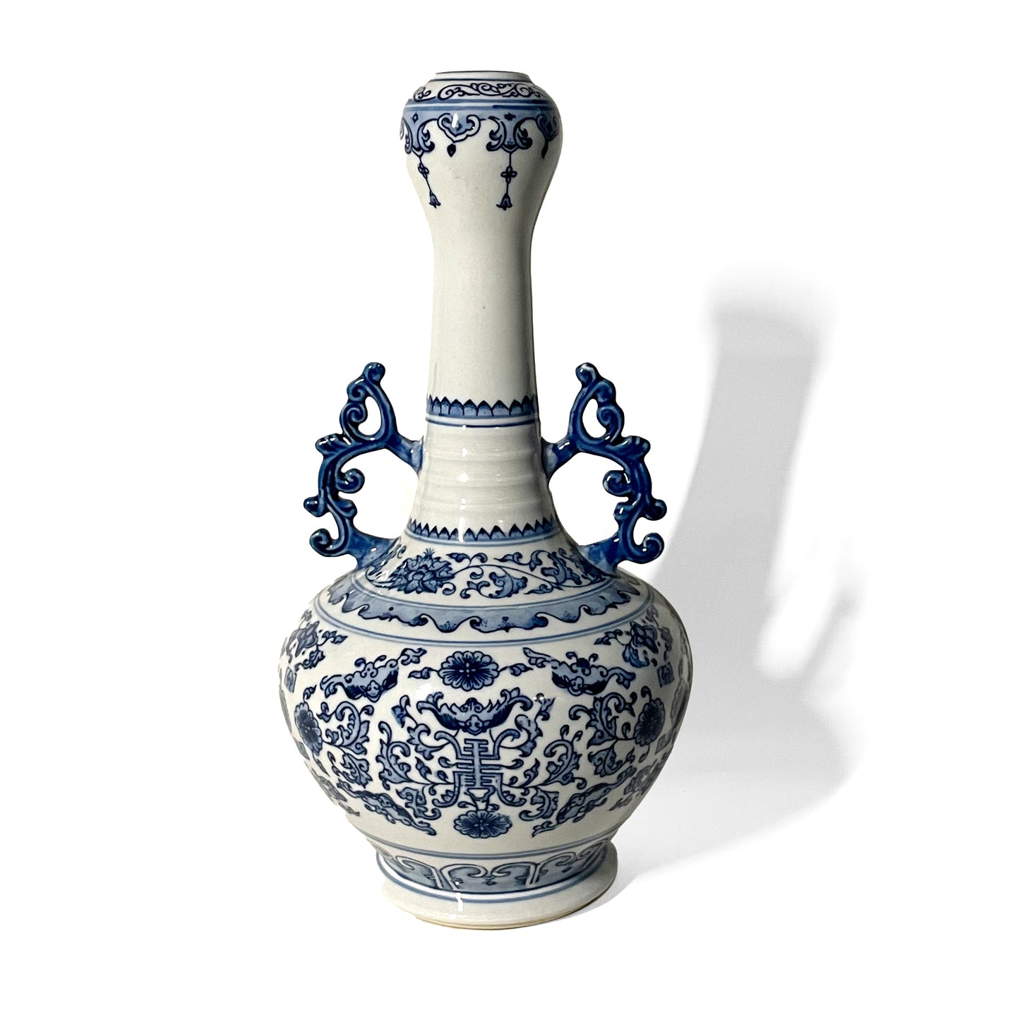 Knoblauchkopf-Vase mit langem Hals und zwei Henkeln aus blau-weißer Porzellan